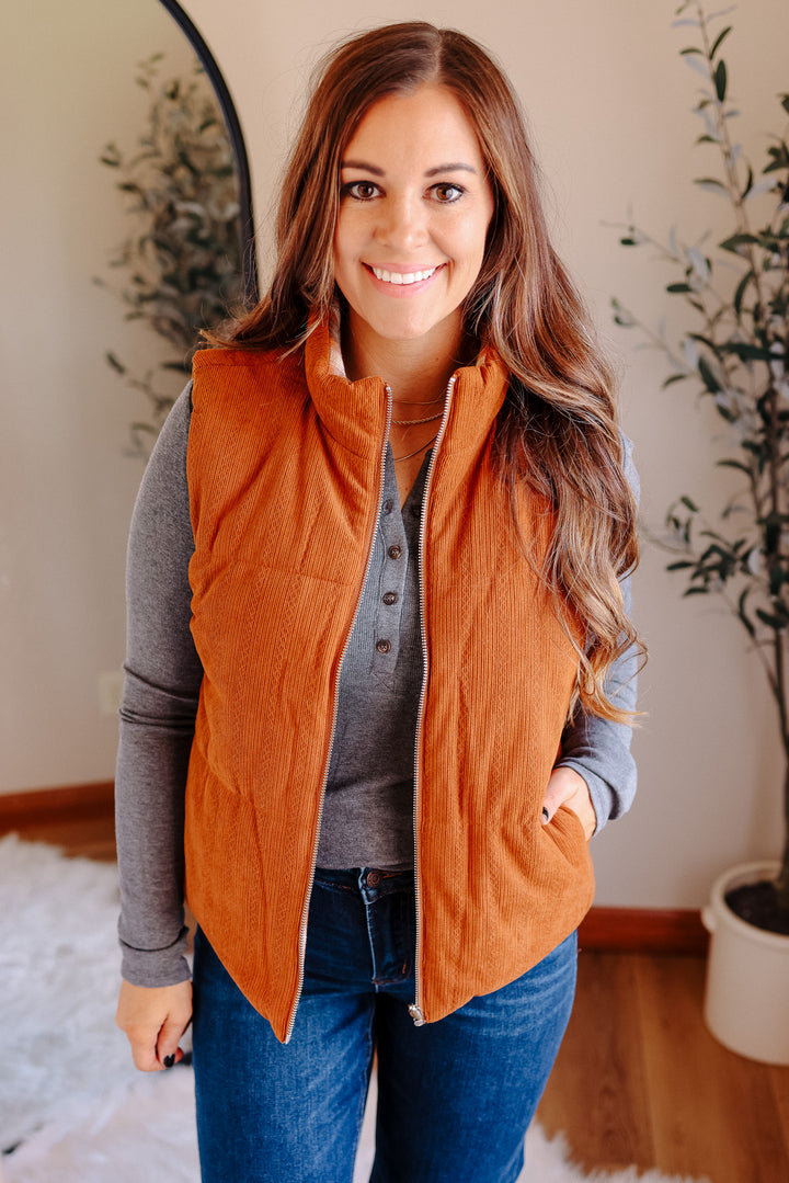 Essie Corduroy & Plaid Reversible Puffer Vest - Pumpkin