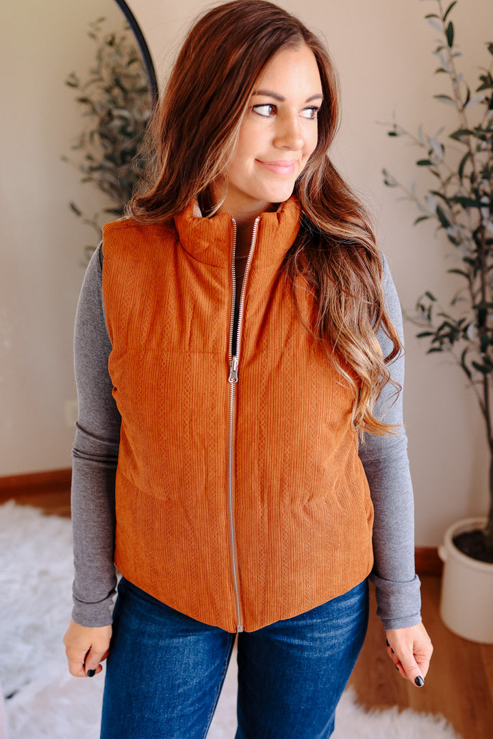 Essie Corduroy & Plaid Reversible Puffer Vest - Pumpkin