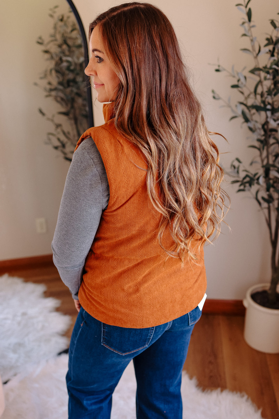 Essie Corduroy & Plaid Reversible Puffer Vest - Pumpkin