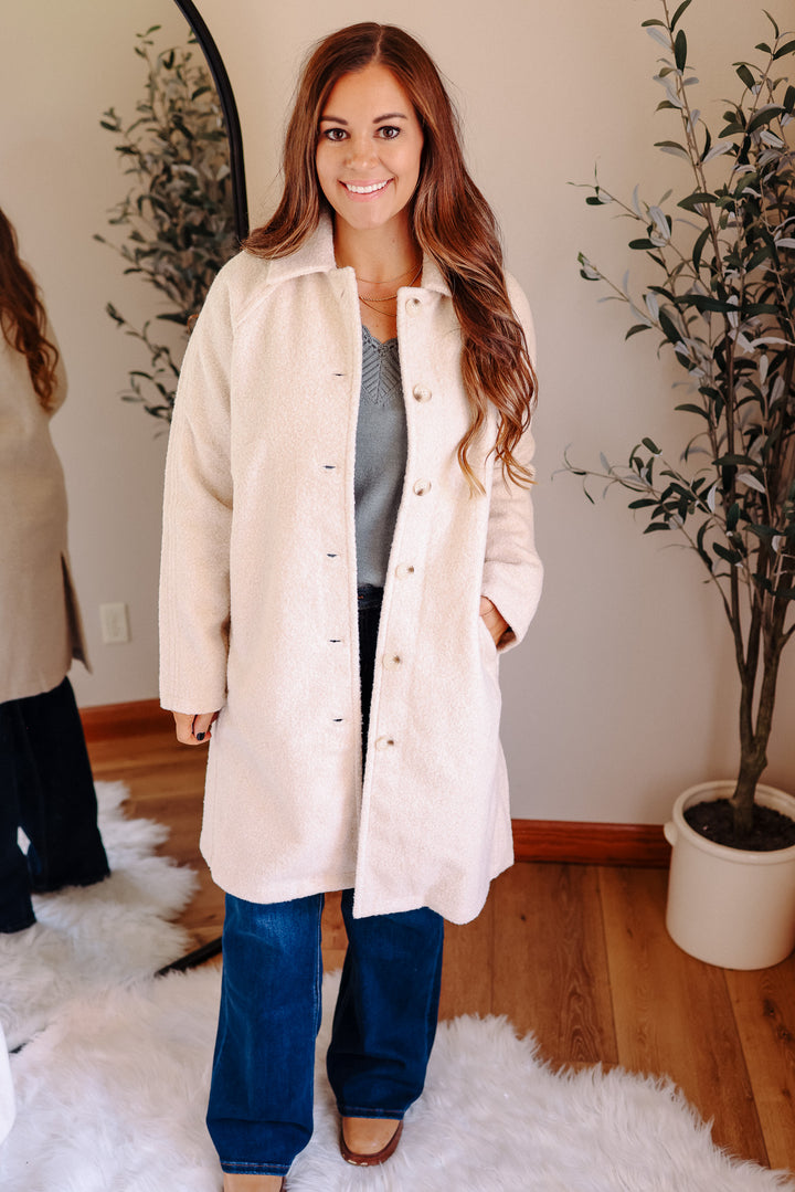 Teddy Textured Button Down Coat - Ecru