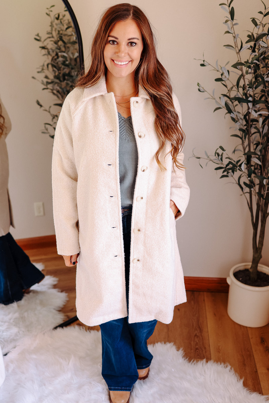 Teddy Textured Button Down Coat - Ecru