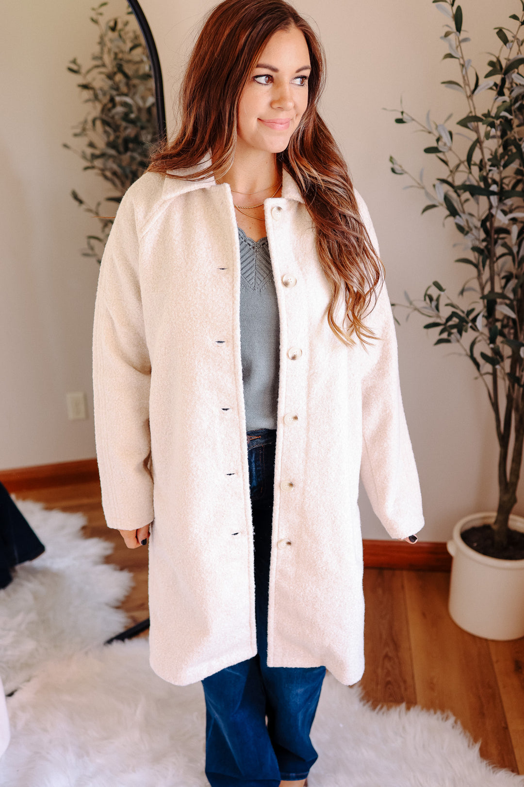 Teddy Textured Button Down Coat - Ecru