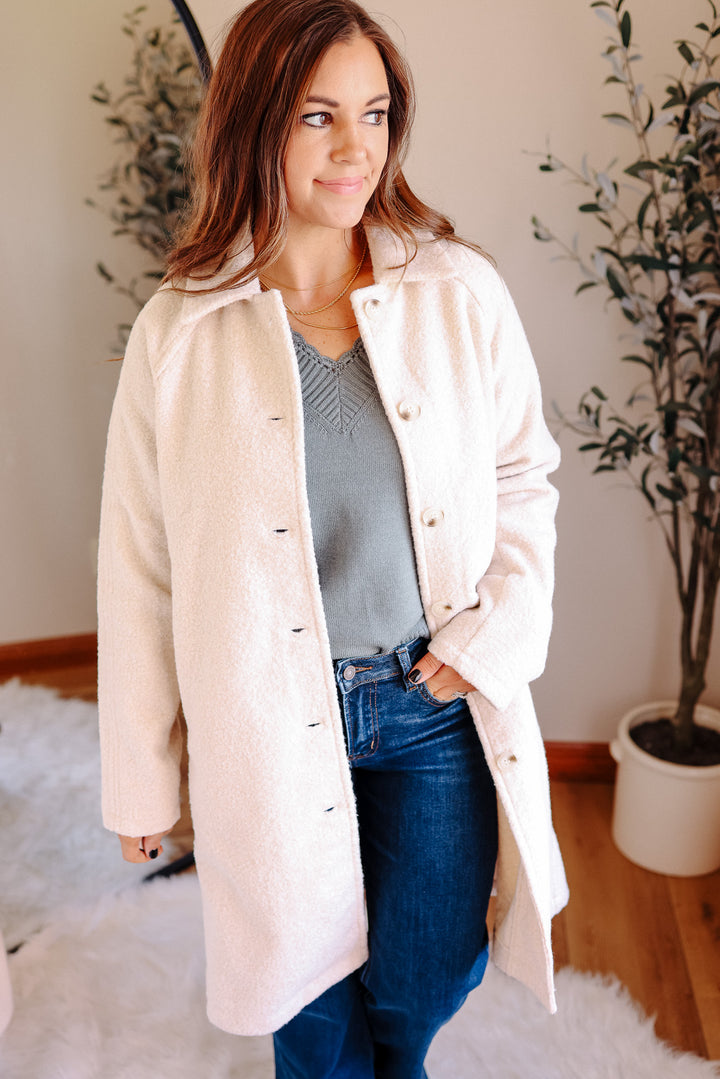 Teddy Textured Button Down Coat - Ecru