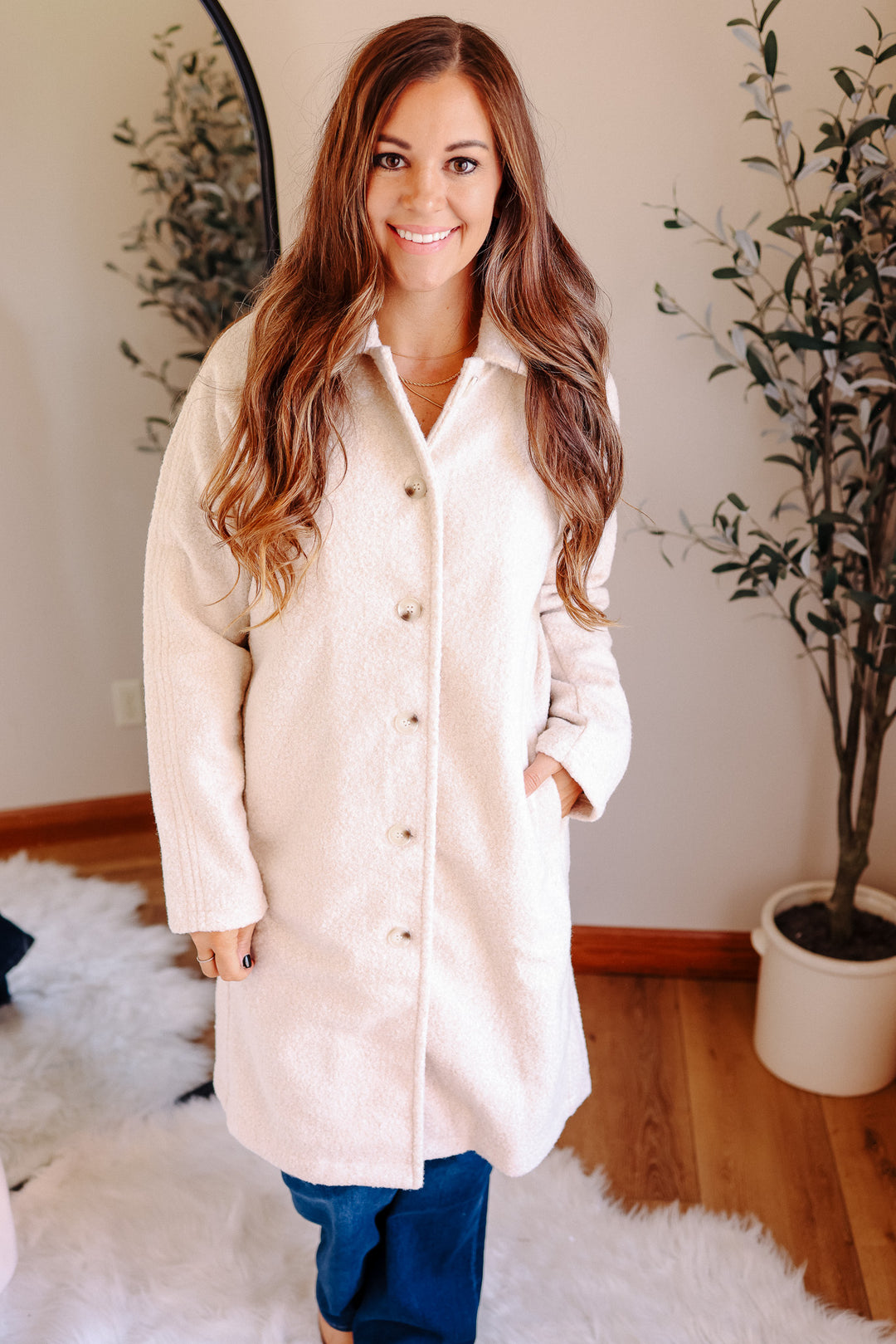 Teddy Textured Button Down Coat - Ecru