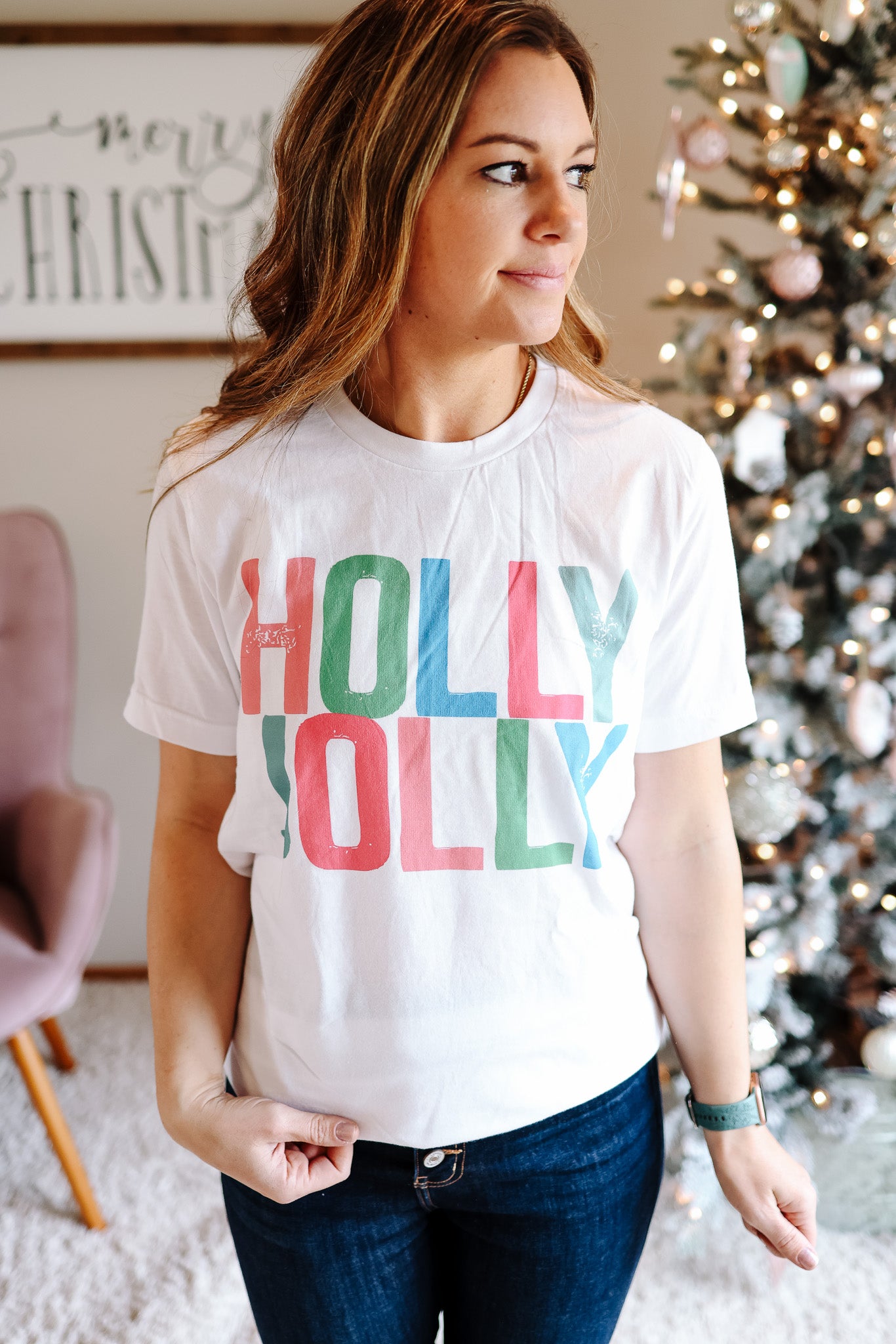 Colorful Holly Jolly Graphic Tee - White