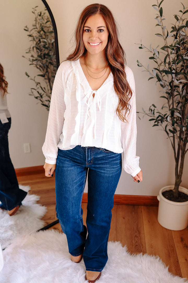 Elena V-Neck Ruffle Blouse - White
