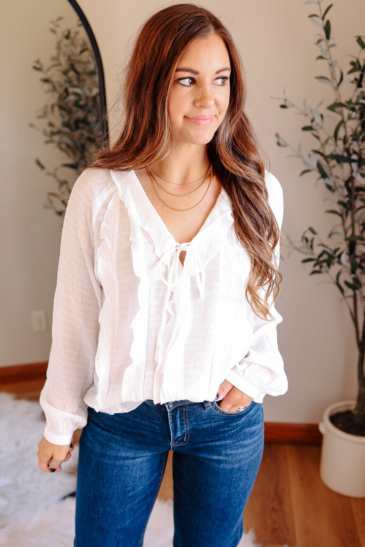 Elena V-Neck Ruffle Blouse - White