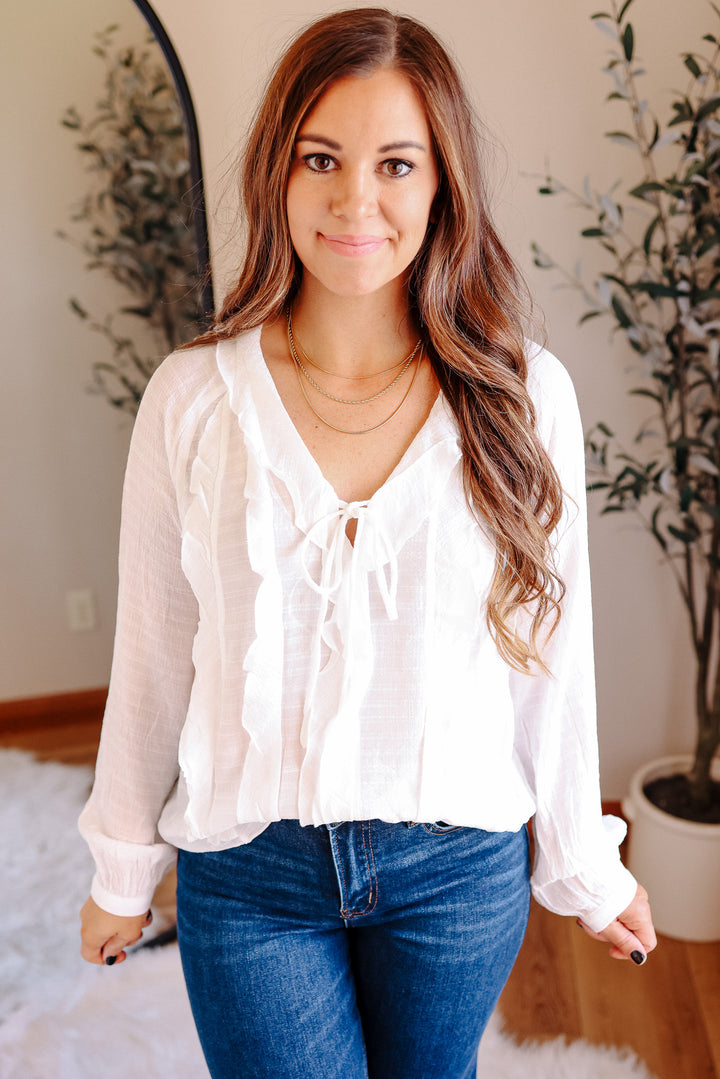 Elena V-Neck Ruffle Blouse - White