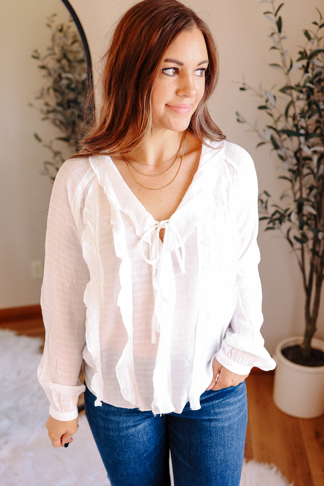Elena V-Neck Ruffle Blouse - White