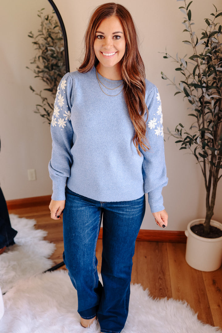 Kali Embroidery Sleeve Sweater - Blue