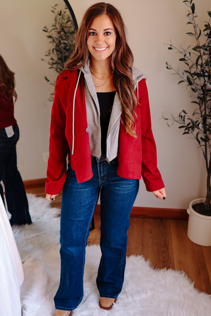 Amelia Hooded Crop Jacket - Crimson Red