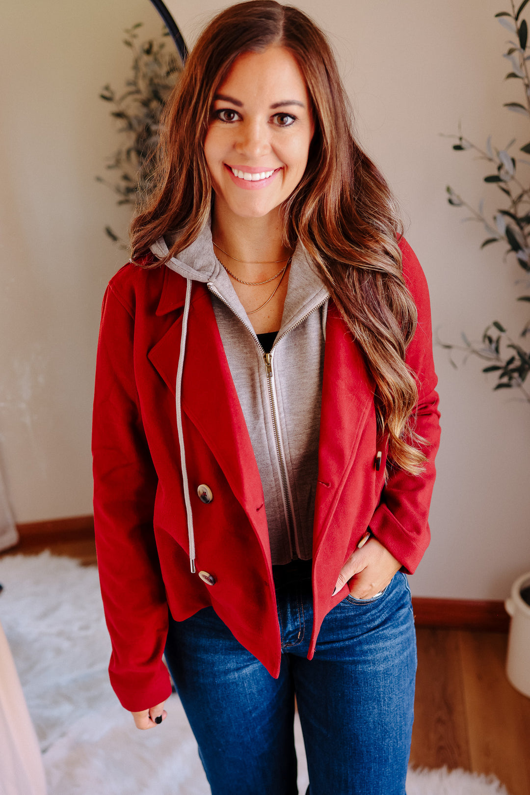 Amelia Hooded Crop Jacket - Crimson Red