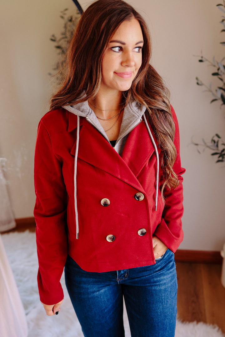 Amelia Hooded Crop Jacket - Crimson Red