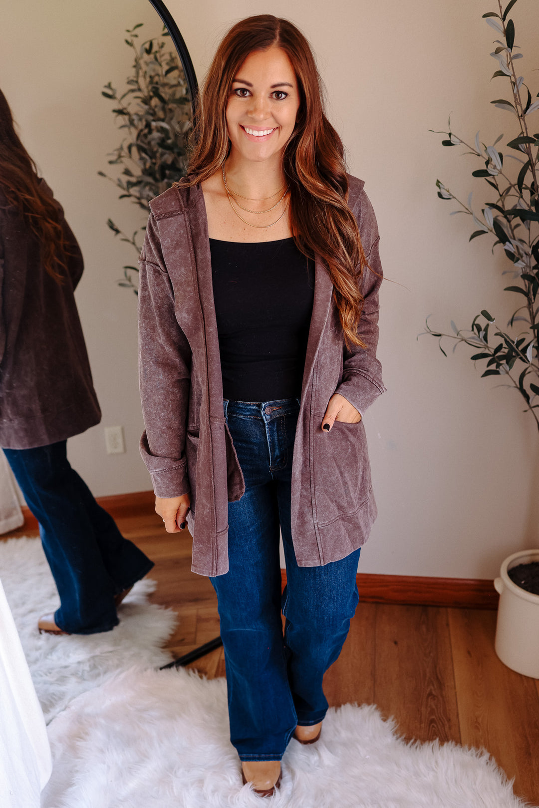 Lauryn Mineral Washed Hoodie Cardigan - Burgundy