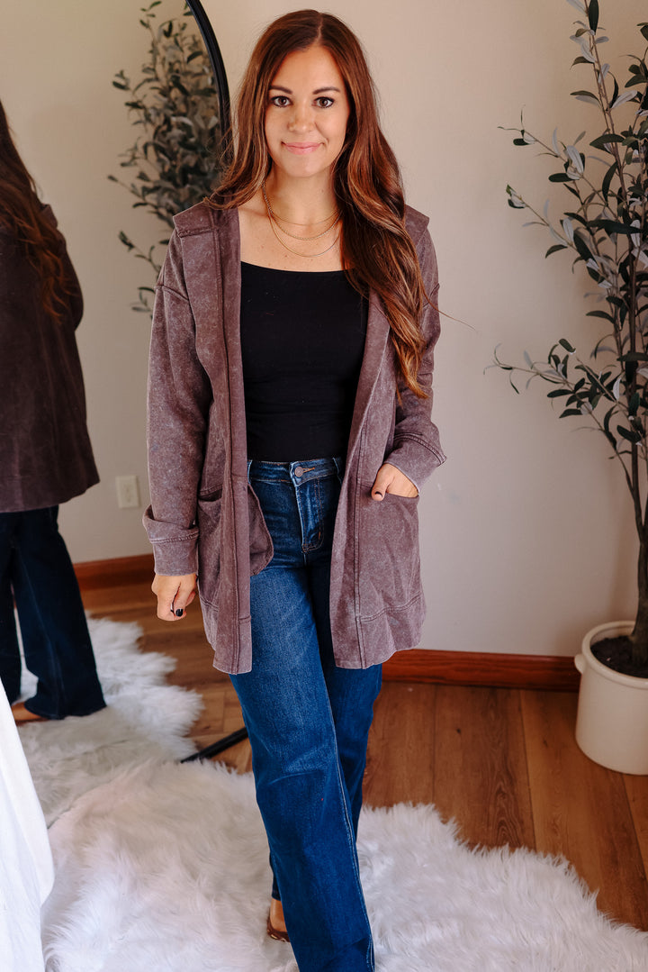 Lauryn Mineral Washed Hoodie Cardigan - Burgundy