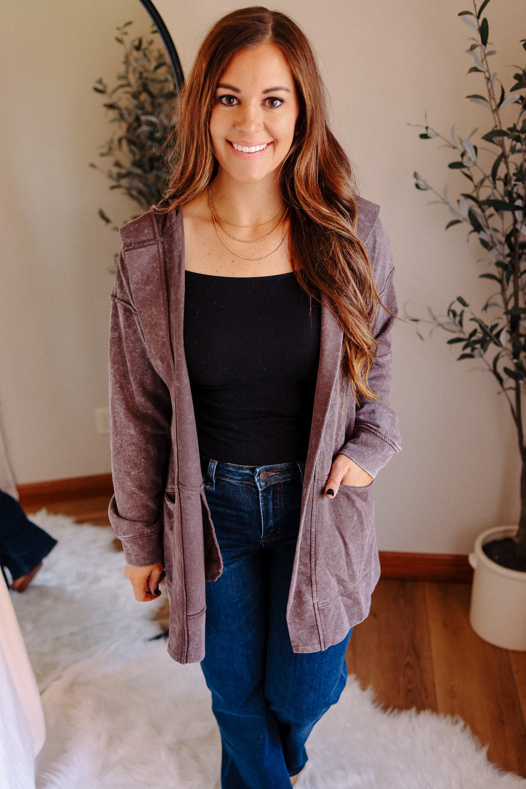 Lauryn Mineral Washed Hoodie Cardigan - Burgundy