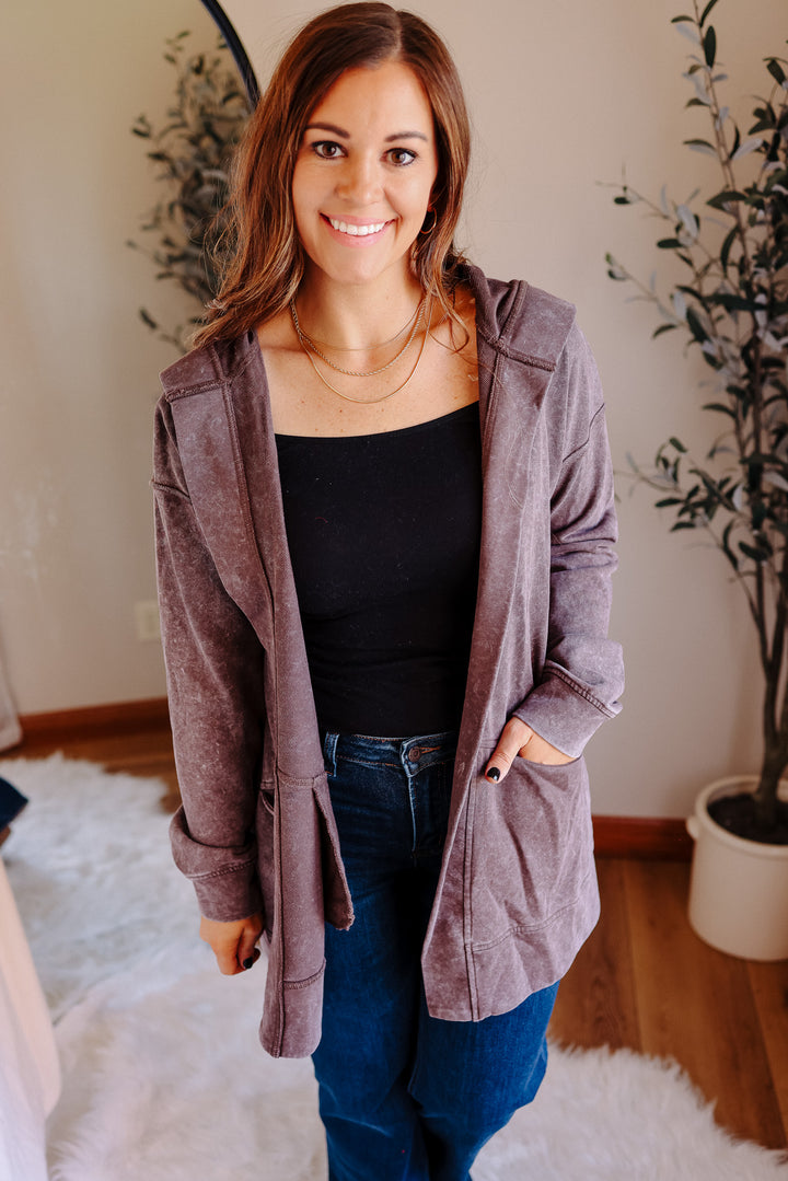 Lauryn Mineral Washed Hoodie Cardigan - Burgundy