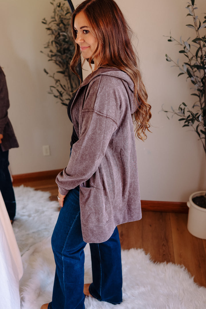 Lauryn Mineral Washed Hoodie Cardigan - Burgundy