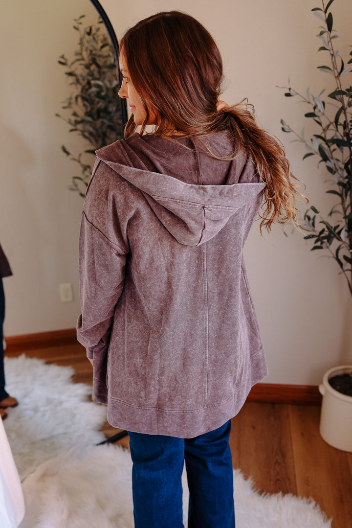 Lauryn Mineral Washed Hoodie Cardigan - Burgundy