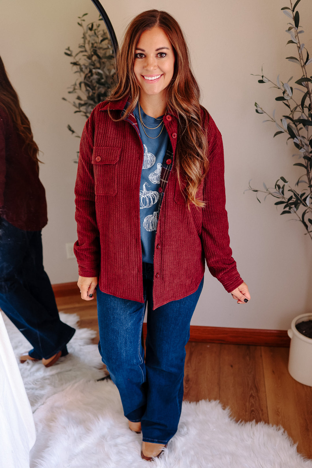 Vailor Reversible Plaid/Corduroy Shacket - Burgundy