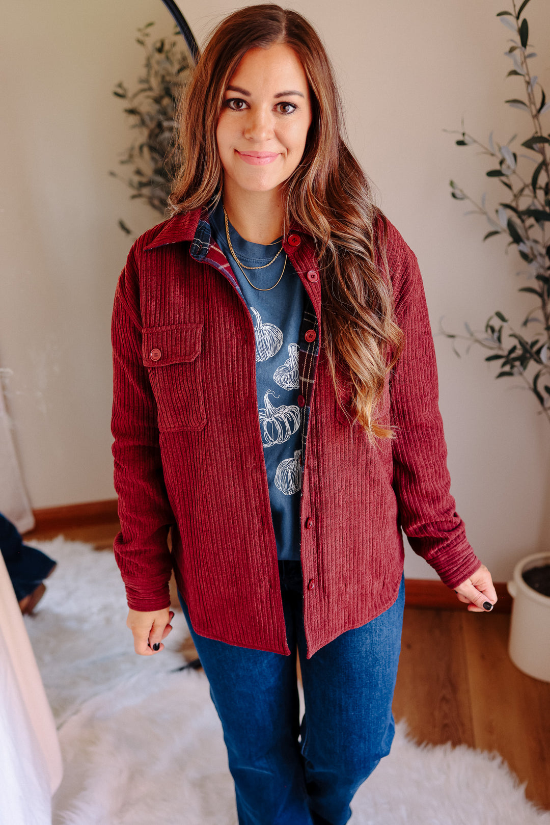 Vailor Reversible Plaid/Corduroy Shacket - Burgundy