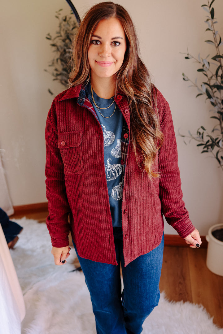 Vailor Reversible Plaid/Corduroy Shacket - Burgundy