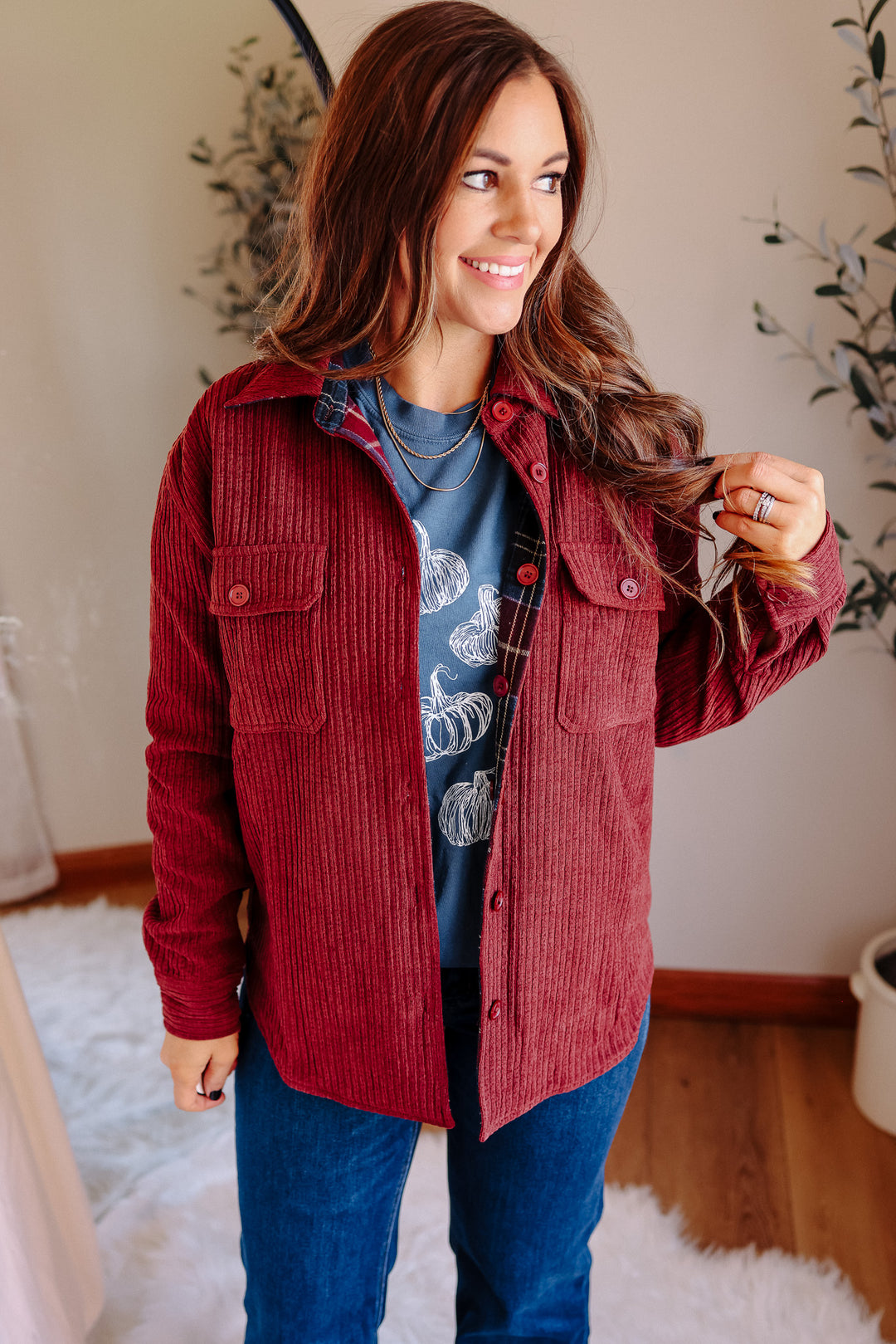 Vailor Reversible Plaid/Corduroy Shacket - Burgundy