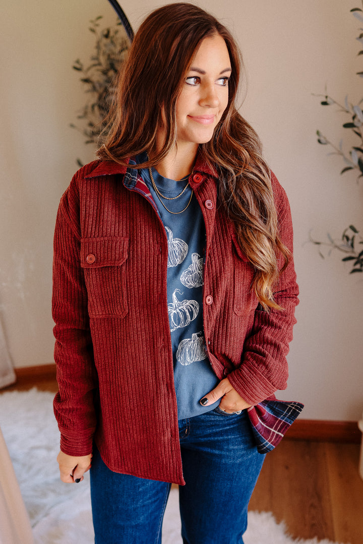 Vailor Reversible Plaid/Corduroy Shacket - Burgundy