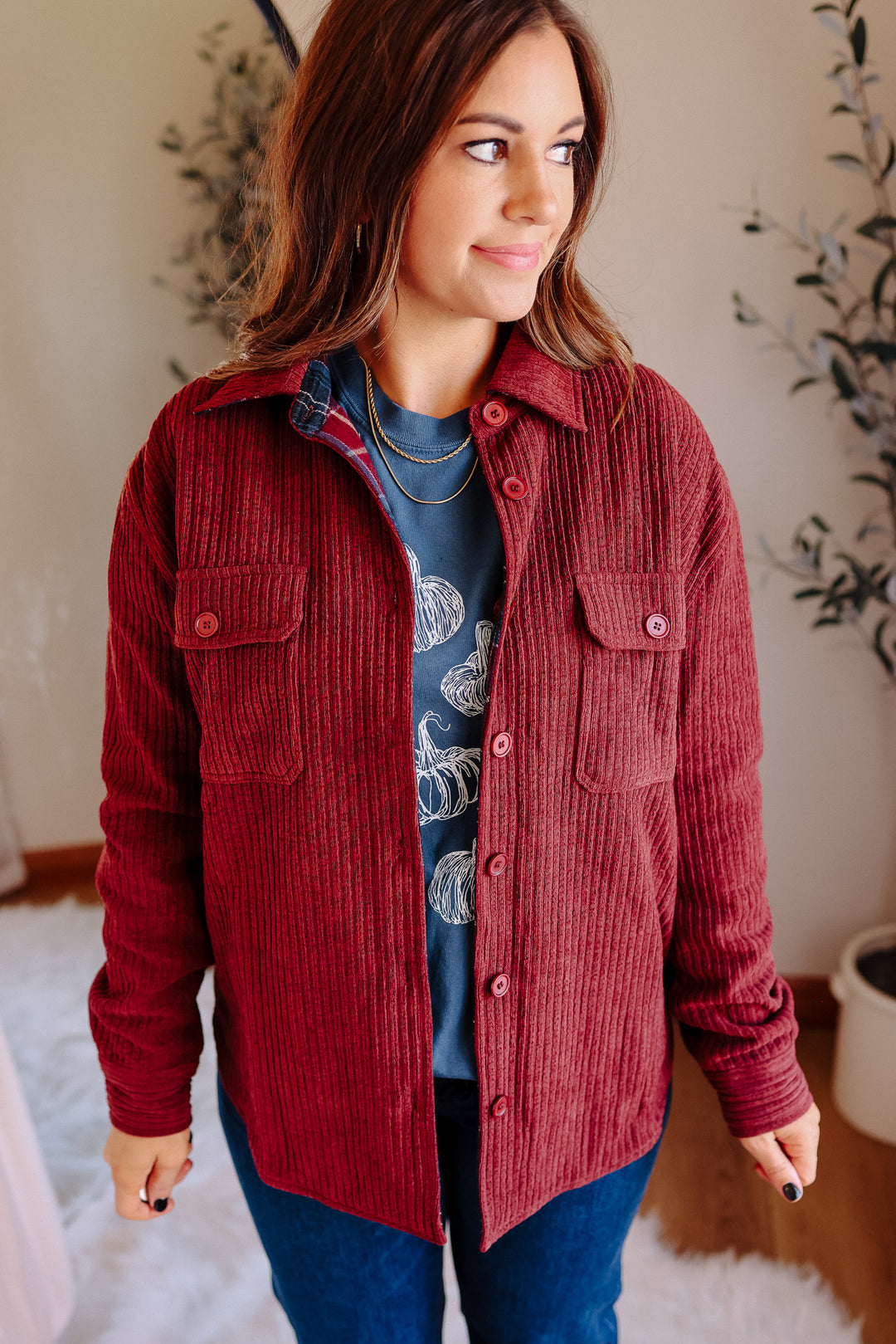Vailor Reversible Plaid/Corduroy Shacket - Burgundy
