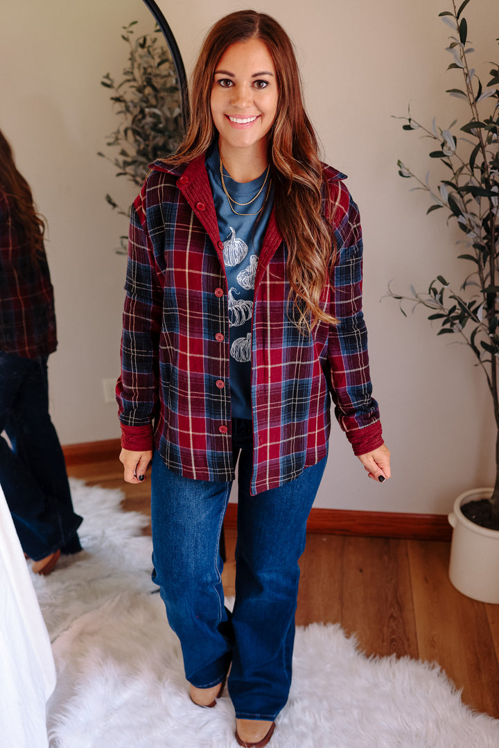 Vailor Reversible Plaid/Corduroy Shacket - Burgundy