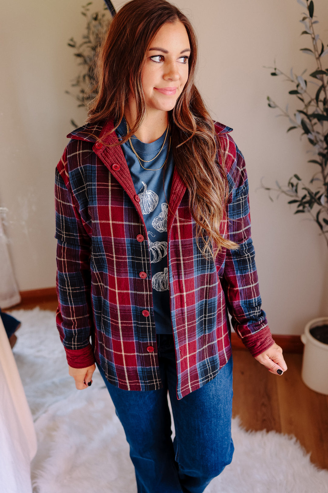 Vailor Reversible Plaid/Corduroy Shacket - Burgundy