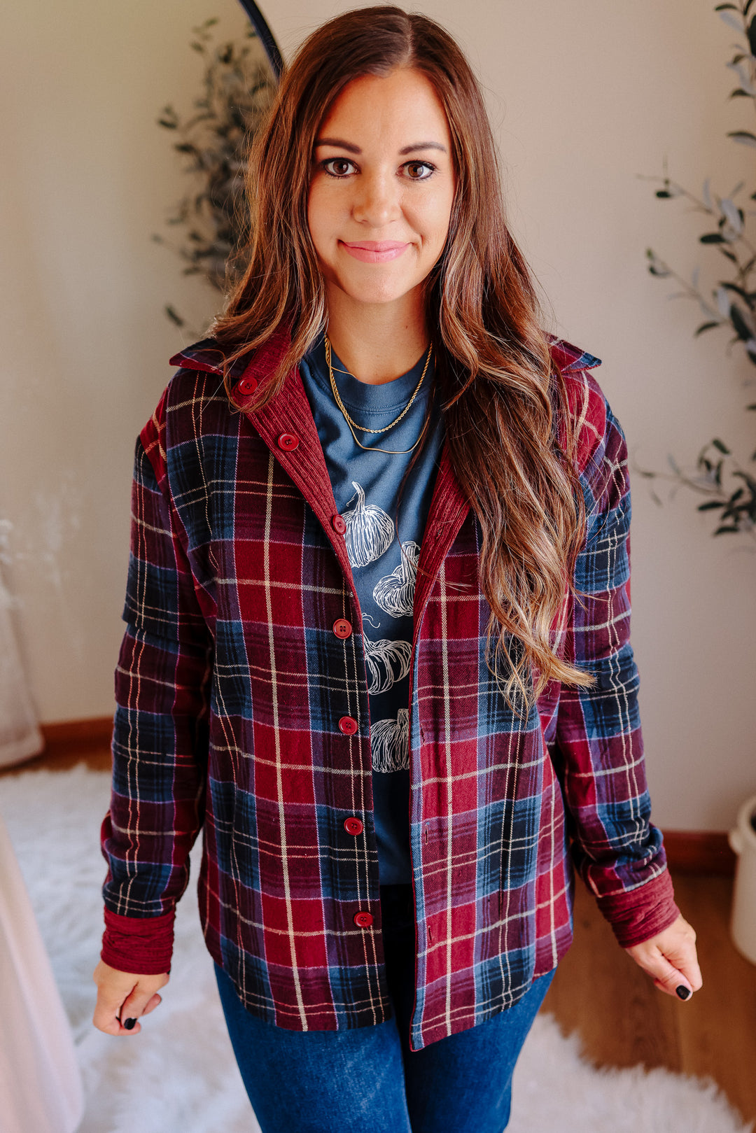 Vailor Reversible Plaid/Corduroy Shacket - Burgundy