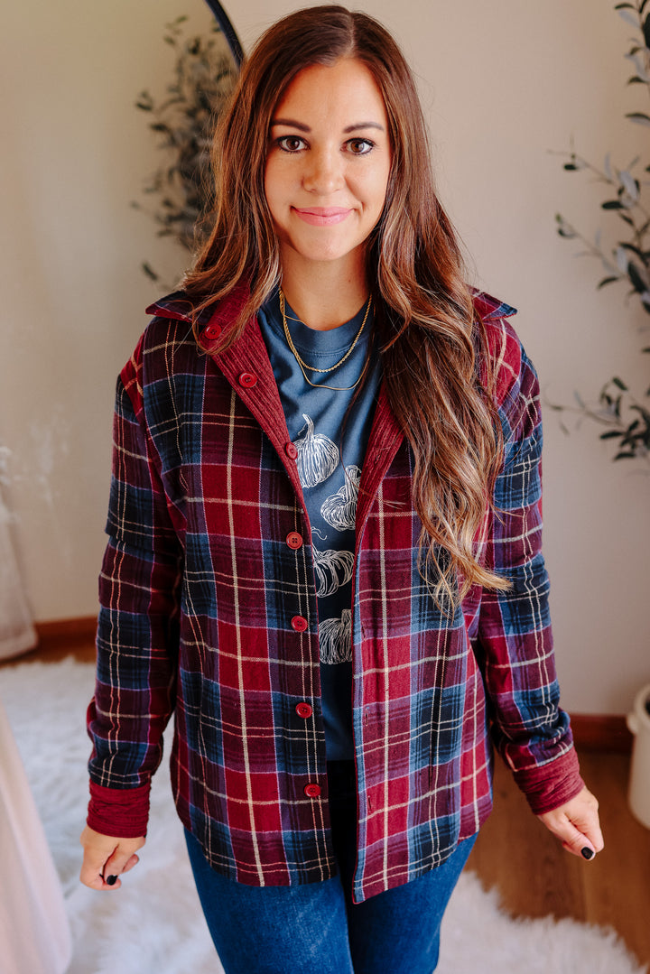 Vailor Reversible Plaid/Corduroy Shacket - Burgundy