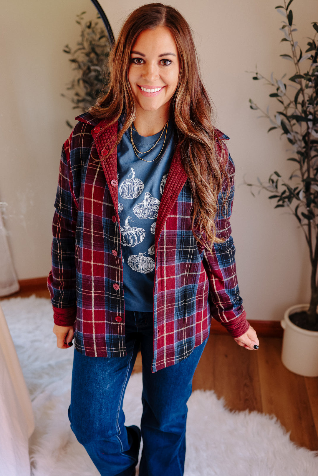 Vailor Reversible Plaid/Corduroy Shacket - Burgundy