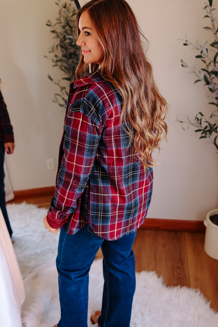 Vailor Reversible Plaid/Corduroy Shacket - Burgundy