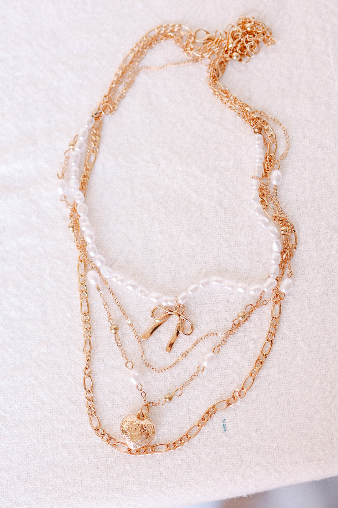 Bow Pearl Heart Pendant Layered Necklace