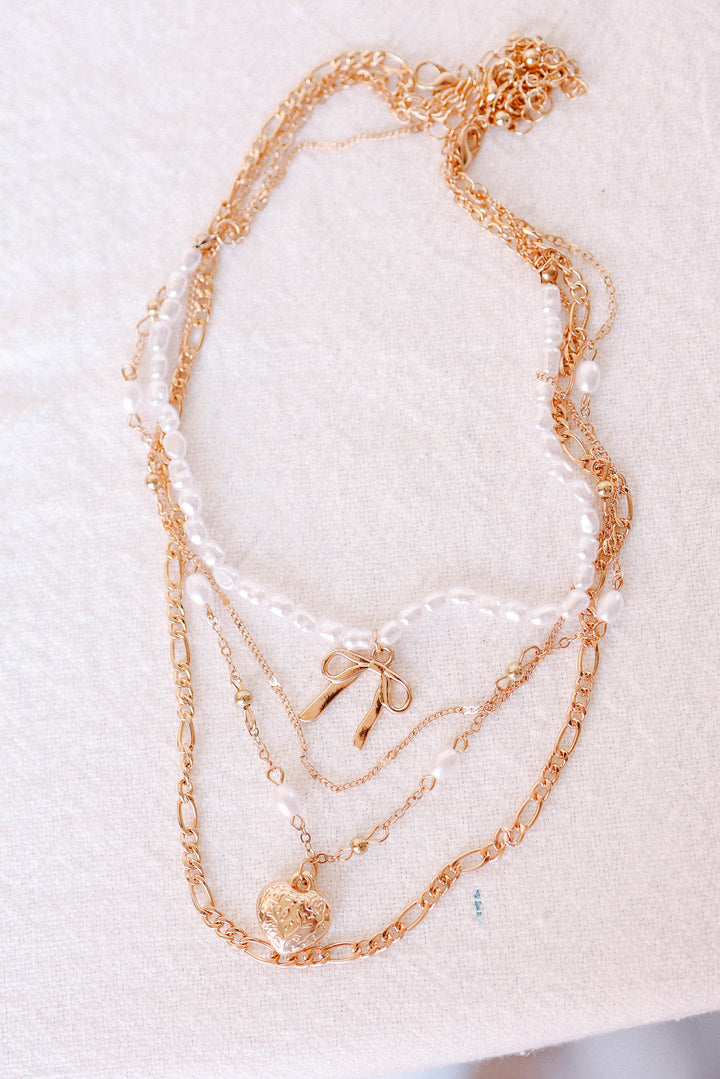 Bow Pearl Heart Pendant Layered Necklace