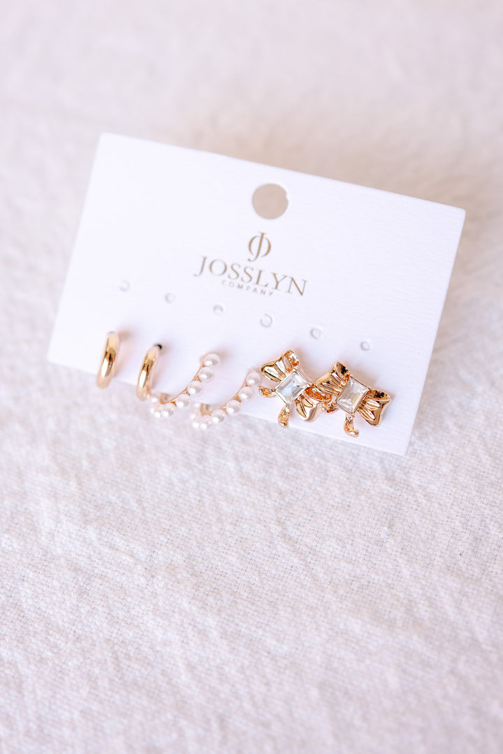 Pearl Embellished Hoops Bow Multi Earrings Set