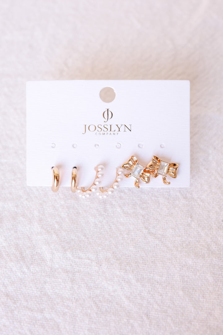 Pearl Embellished Hoops Bow Multi Earrings Set