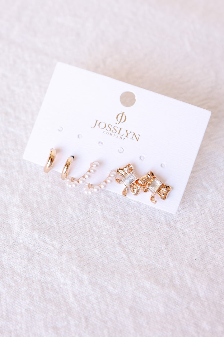 Pearl Embellished Hoops Bow Multi Earrings Set