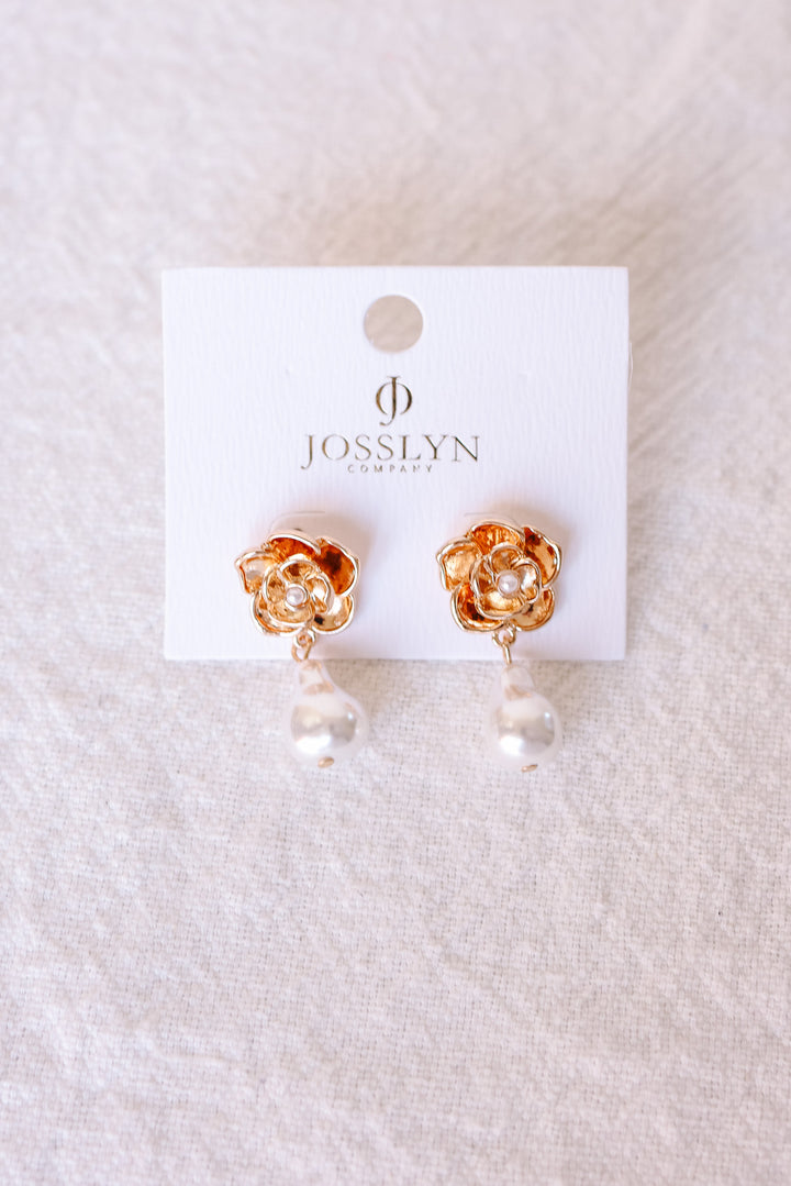 Vintage Gold Flower Drop Pearl Accent Earrings