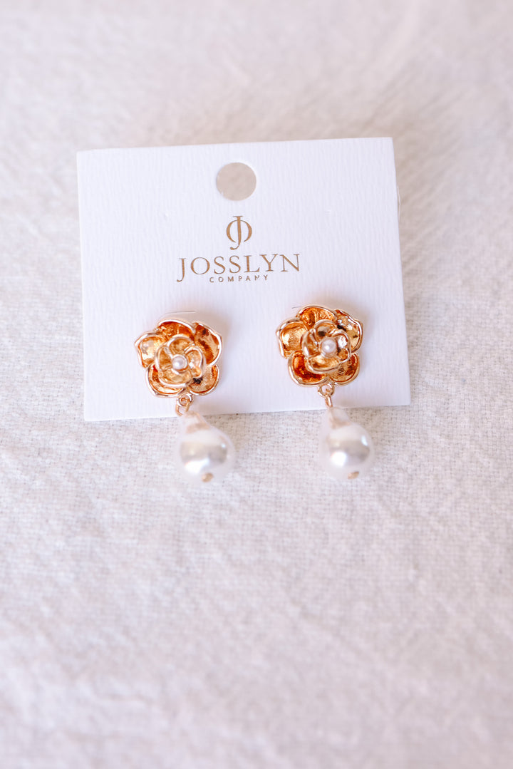 Vintage Gold Flower Drop Pearl Accent Earrings