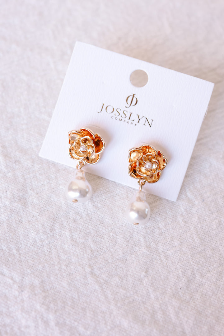 Vintage Gold Flower Drop Pearl Accent Earrings