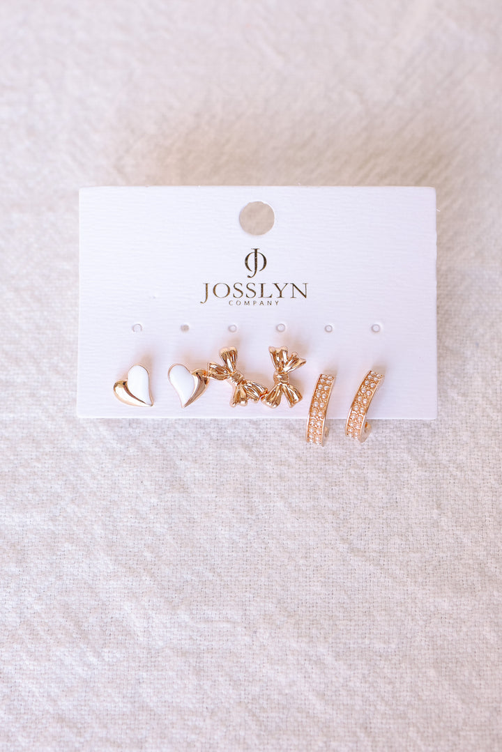 Pearl Huggie Hoop Bow Heart Trio Earrings Set