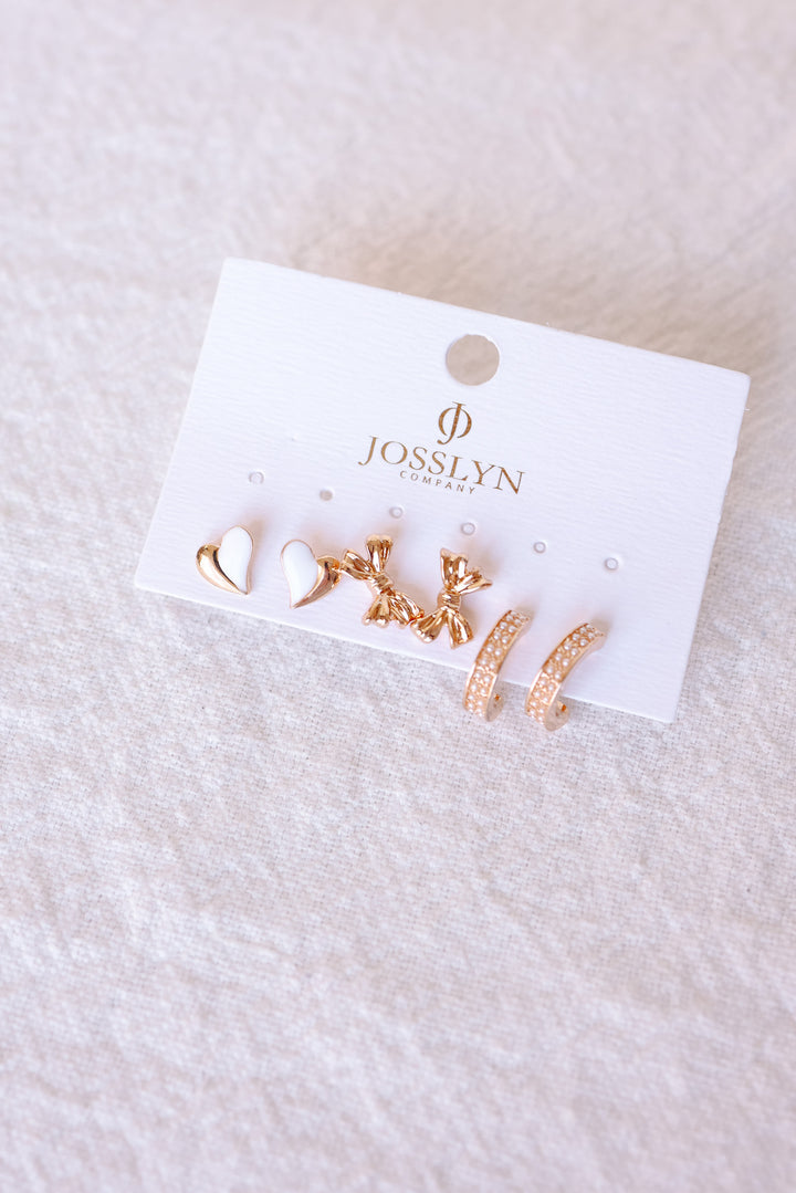 Pearl Huggie Hoop Bow Heart Trio Earrings Set