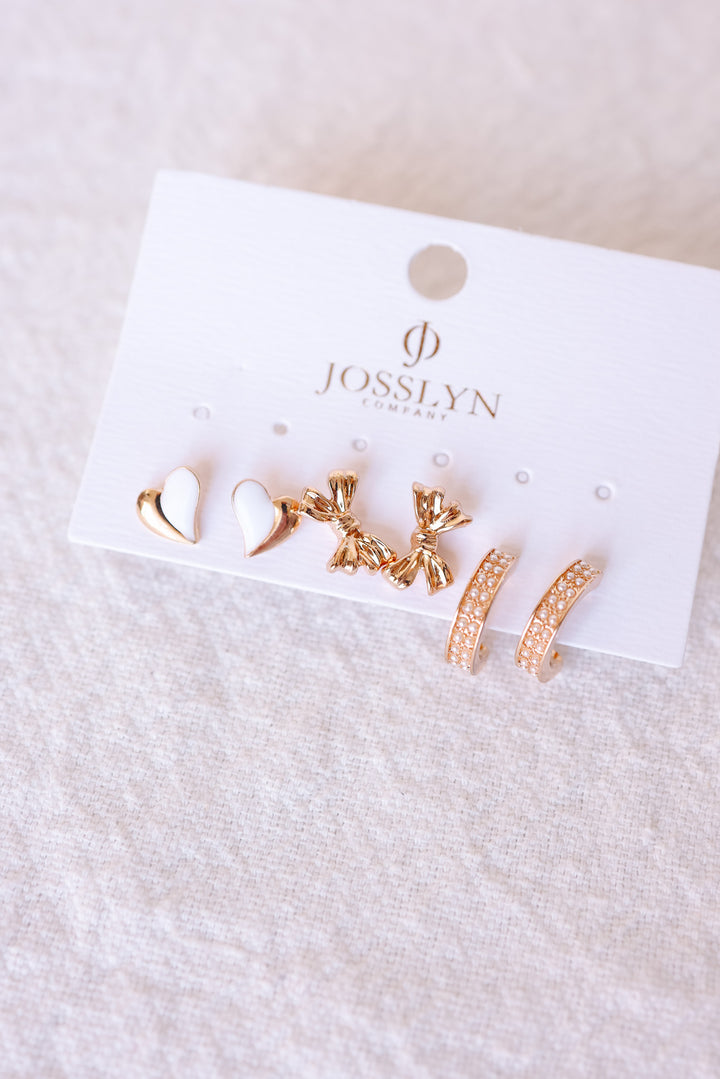 Pearl Huggie Hoop Bow Heart Trio Earrings Set
