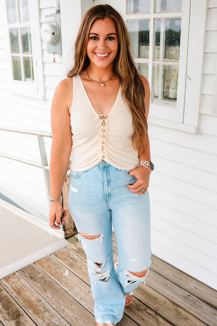 Selah Beaded Tank Top - Ecru
