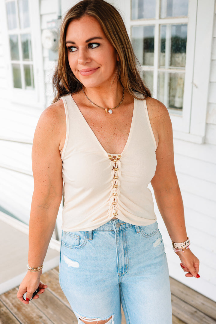 Selah Beaded Tank Top - Ecru