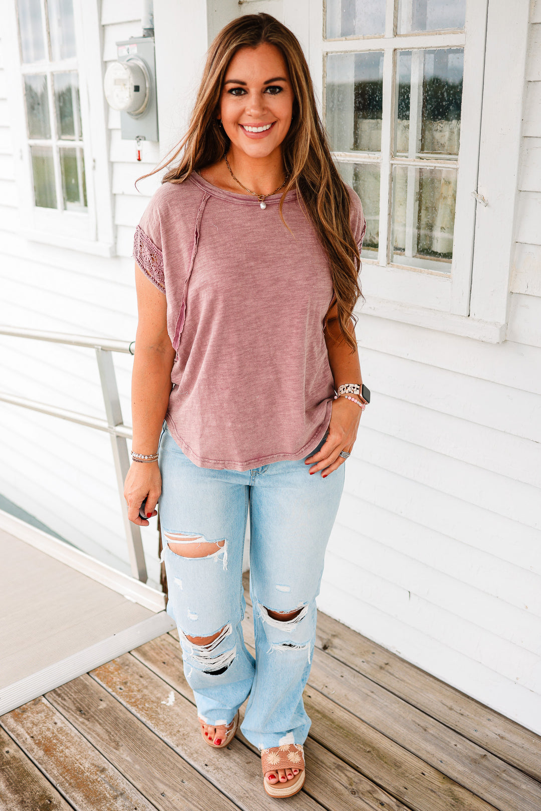 Cassidy Crochet Sleeve Washed Top - Mulberry