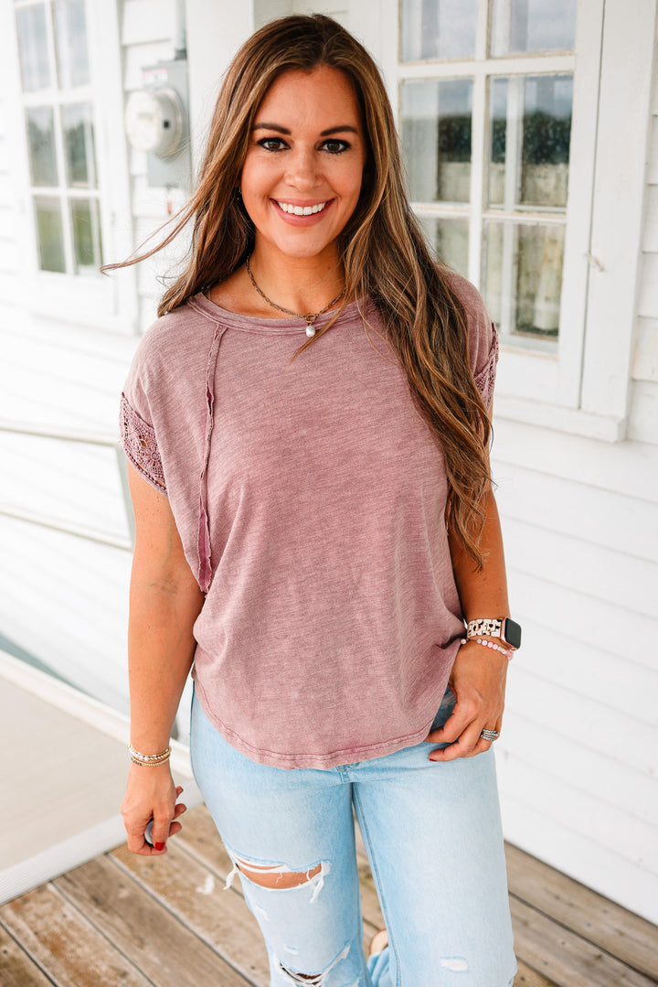 Cassidy Crochet Sleeve Washed Top - Mulberry